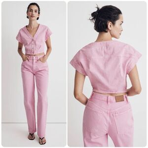 Madewell Denim Cap-Sleeve Crop Top in Retro Pink